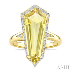22X9 MM Shield Shape Lemon Quartz and 1/4 Ctw Round Cut Diamond Semi-Precious Ring in 14K Yellow Gold