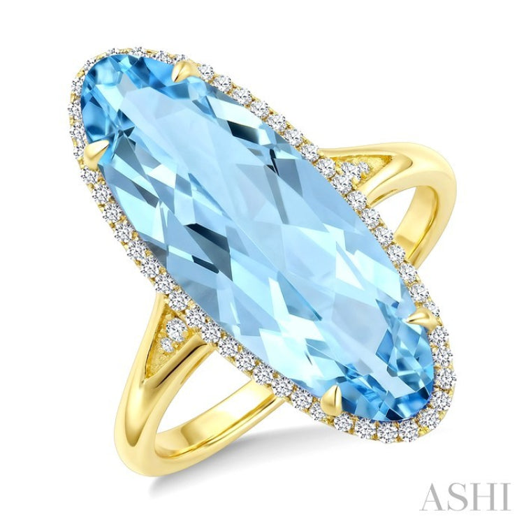 22X8 MM Oval Shape Blue Topaz and 1/5 Ctw Round Cut Diamond Semi-Precious Ring in 14K Yellow Gold