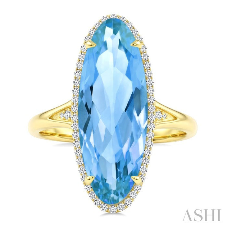 22X8 MM Oval Shape Blue Topaz and 1/5 Ctw Round Cut Diamond Semi-Precious Ring in 14K Yellow Gold