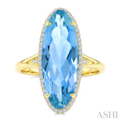 22X8 MM Oval Shape Blue Topaz and 1/5 Ctw Round Cut Diamond Semi-Precious Ring in 14K Yellow Gold
