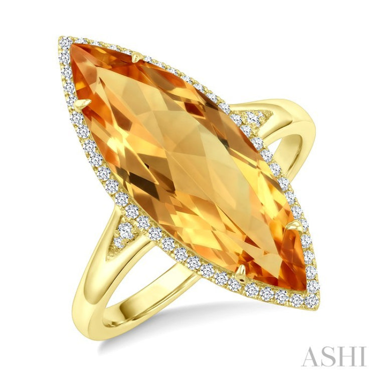 22X8 MM Marquise Shape Citrine and 1/5 Ctw Round Cut Diamond Semi-Precious Ring in 14K Yellow Gold
