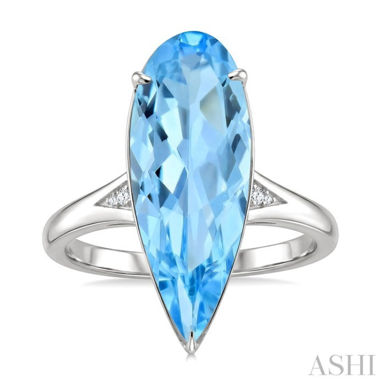 22X8 MM Pear Shape Blue Topaz and 1/50 Ctw Round Cut Diamond Semi-Precious Ring in 14K White Gold