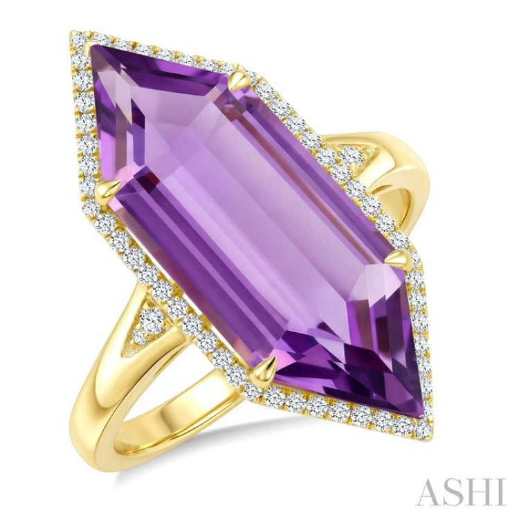 22X8 MM Hexagon Shape Amethyst and 1/4 Ctw Round Cut Diamond Semi-Precious Ring in 14K Yellow Gold