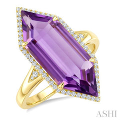 22X8 MM Hexagon Shape Amethyst and 1/4 Ctw Round Cut Diamond Semi-Precious Ring in 14K Yellow Gold