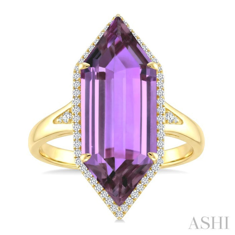 22X8 MM Hexagon Shape Amethyst and 1/4 Ctw Round Cut Diamond Semi-Precious Ring in 14K Yellow Gold