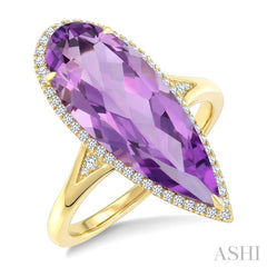 22X8 MM Pear Shape Amethyst and 1/5 Ctw Round Cut Diamond Semi-Precious Ring in 14K Yellow Gold