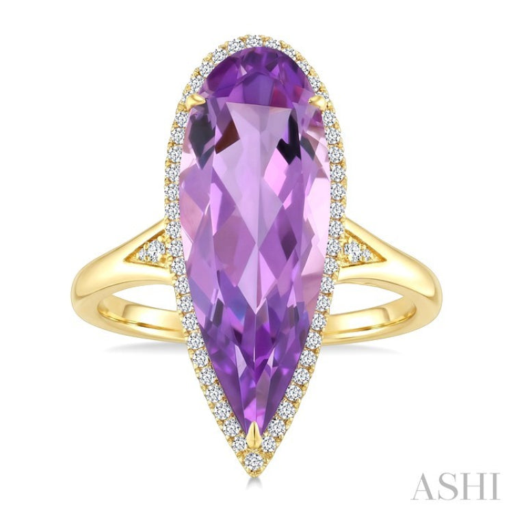 22X8 MM Pear Shape Amethyst and 1/5 Ctw Round Cut Diamond Semi-Precious Ring in 14K Yellow Gold