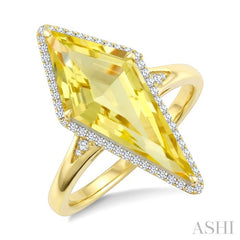 22X9 MM Kite Shape Lemon Quartz and 1/5 Ctw Round Cut Diamond Semi-Precious Ring in 14K Yellow Gold