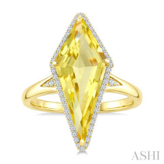 22X9 MM Kite Shape Lemon Quartz and 1/5 Ctw Round Cut Diamond Semi-Precious Ring in 14K Yellow Gold