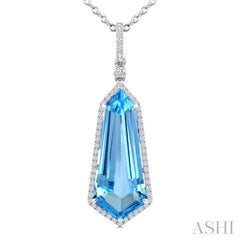 22X9 MM Shield Shape Blue Topaz and 1/4 Ctw Round Cut Diamond Semi-Precious Pendant With Chain in 14K White Gold