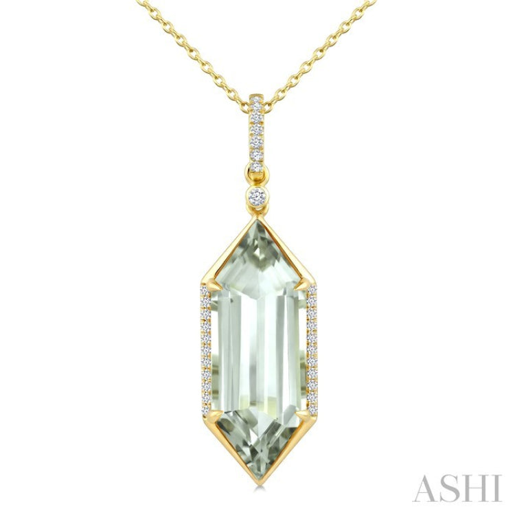 22X8 MM Hexagon Shape Green Amethyst and 1/6 Ctw Round Cut Diamond Semi-Precious Pendant With Chain in 14K Yellow Gold