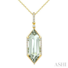 22X8 MM Hexagon Shape Green Amethyst and 1/6 Ctw Round Cut Diamond Semi-Precious Pendant With Chain in 14K Yellow Gold