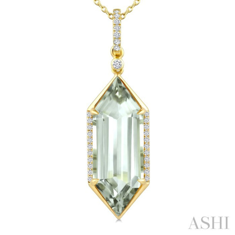 22X8 MM Hexagon Shape Green Amethyst and 1/6 Ctw Round Cut Diamond Semi-Precious Pendant With Chain in 14K Yellow Gold