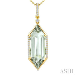 22X8 MM Hexagon Shape Green Amethyst and 1/6 Ctw Round Cut Diamond Semi-Precious Pendant With Chain in 14K Yellow Gold