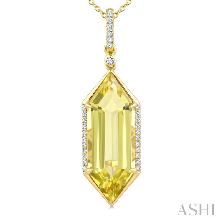 22X8 MM Hexagon Shape Lemon Quartz and 1/6 Ctw Round Cut Diamond Semi-Precious Pendant With Chain in 14K Yellow Gold