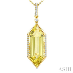 22X8 MM Hexagon Shape Lemon Quartz and 1/6 Ctw Round Cut Diamond Semi-Precious Pendant With Chain in 14K Yellow Gold