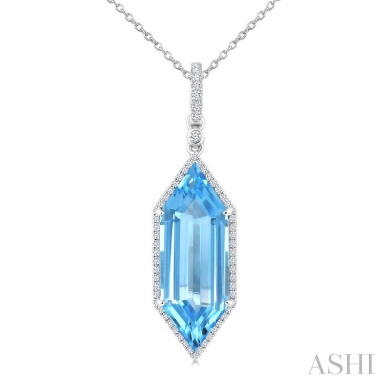 22X8 MM Hexagon Shape Blue Topaz and 1/4 Ctw Round Cut Diamond Semi-Precious Pendant With Chain in 14K White Gold