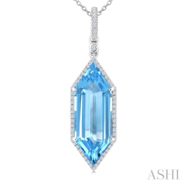 22X8 MM Hexagon Shape Blue Topaz and 1/4 Ctw Round Cut Diamond Semi-Precious Pendant With Chain in 14K White Gold