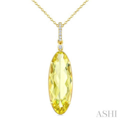 22X8 MM Oval Shape Lemon Quartz and 1/20 Ctw Round Cut Diamond Semi-Precious Pendant With Chain in 14K Yellow Gold