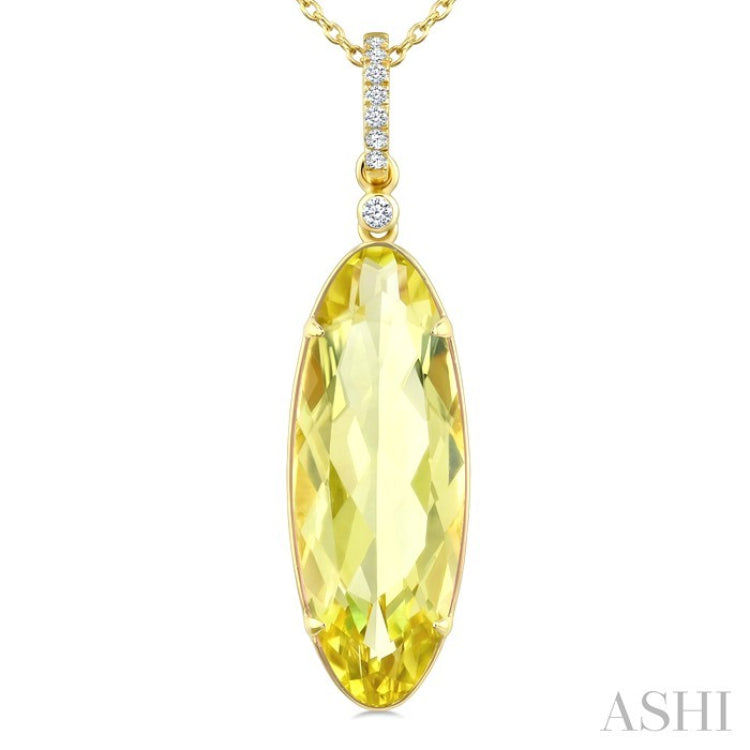 22X8 MM Oval Shape Lemon Quartz and 1/20 Ctw Round Cut Diamond Semi-Precious Pendant With Chain in 14K Yellow Gold