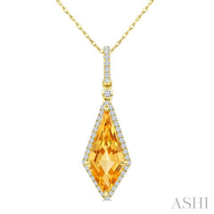 16X7 MM Kite Shape Citrine and 1/5 Ctw Round Cut Diamond Semi-Precious Pendant With Chain in 10K Yellow Gold