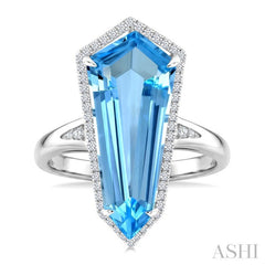 22X9 MM Shield Shape Blue Topaz and 1/4 Ctw Round Cut Diamond Semi-Precious Ring in 14K White Gold