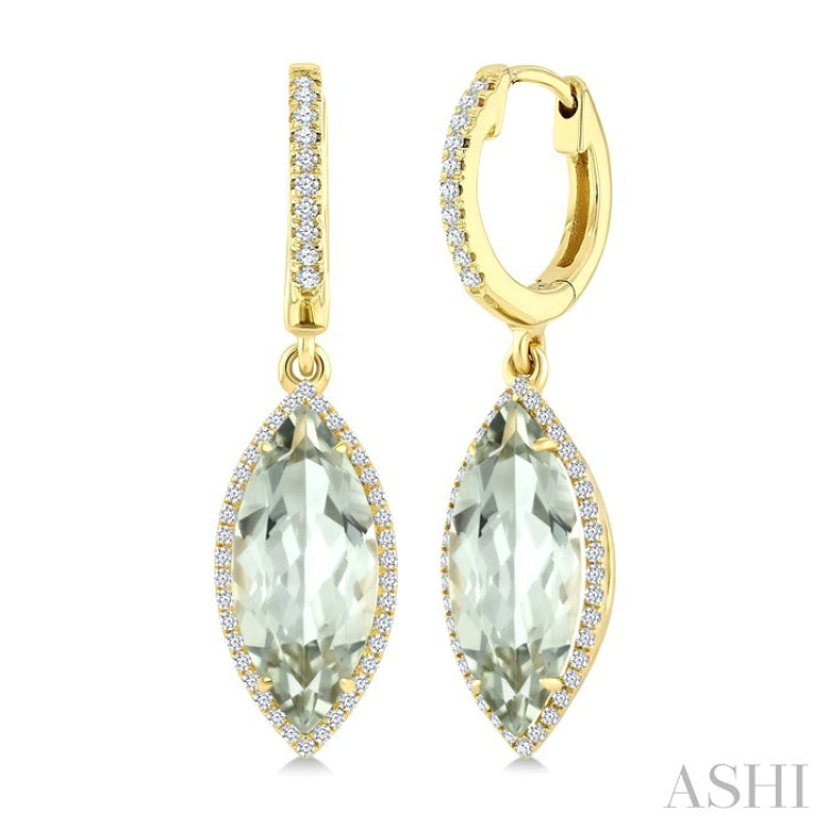 16X7 MM Marquise Shape Green Amethyst and 3/8 Ctw Round Cut Diamond Semi-Precious Earrings in 14K Yellow Gold