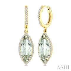 16X7 MM Marquise Shape Green Amethyst and 3/8 Ctw Round Cut Diamond Semi-Precious Earrings in 14K Yellow Gold