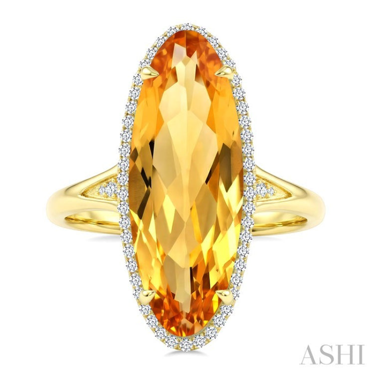 22X8 MM Oval Shape Citrine and 1/5 Ctw Round Cut Diamond Semi-Precious Ring in 14K Yellow Gold
