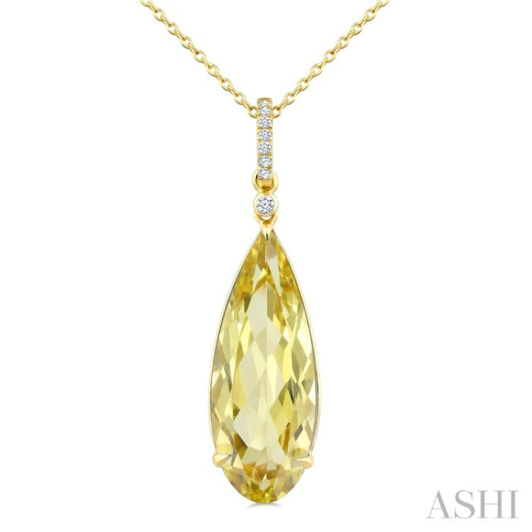 22X8 MM Pear Shape Lemon Quartz and 1/20 Ctw Round Cut Diamond Semi-Precious Pendant With Chain in 14K Yellow Gold