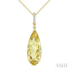 22X8 MM Pear Shape Lemon Quartz and 1/20 Ctw Round Cut Diamond Semi-Precious Pendant With Chain in 14K Yellow Gold