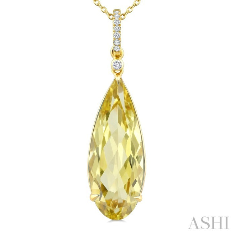 22X8 MM Pear Shape Lemon Quartz and 1/20 Ctw Round Cut Diamond Semi-Precious Pendant With Chain in 14K Yellow Gold