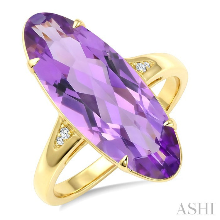 22X8 MM Oval Shape Amethyst and 1/50 Ctw Round Cut Diamond Semi-Precious Ring in 14K Yellow Gold