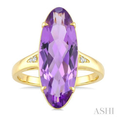 22X8 MM Oval Shape Amethyst and 1/50 Ctw Round Cut Diamond Semi-Precious Ring in 14K Yellow Gold
