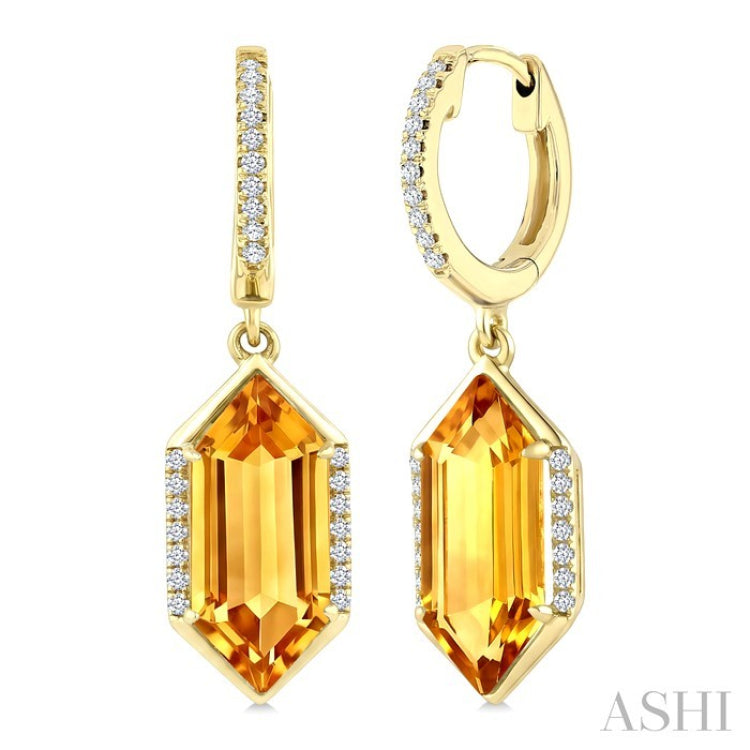 14X6 MM Hexagon Shape Citrine and 1/5 Ctw Round Cut Diamond Semi-Precious Earrings in 14K Yellow Gold