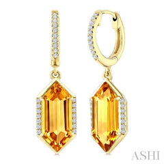 14X6 MM Hexagon Shape Citrine and 1/5 Ctw Round Cut Diamond Semi-Precious Earrings in 14K Yellow Gold