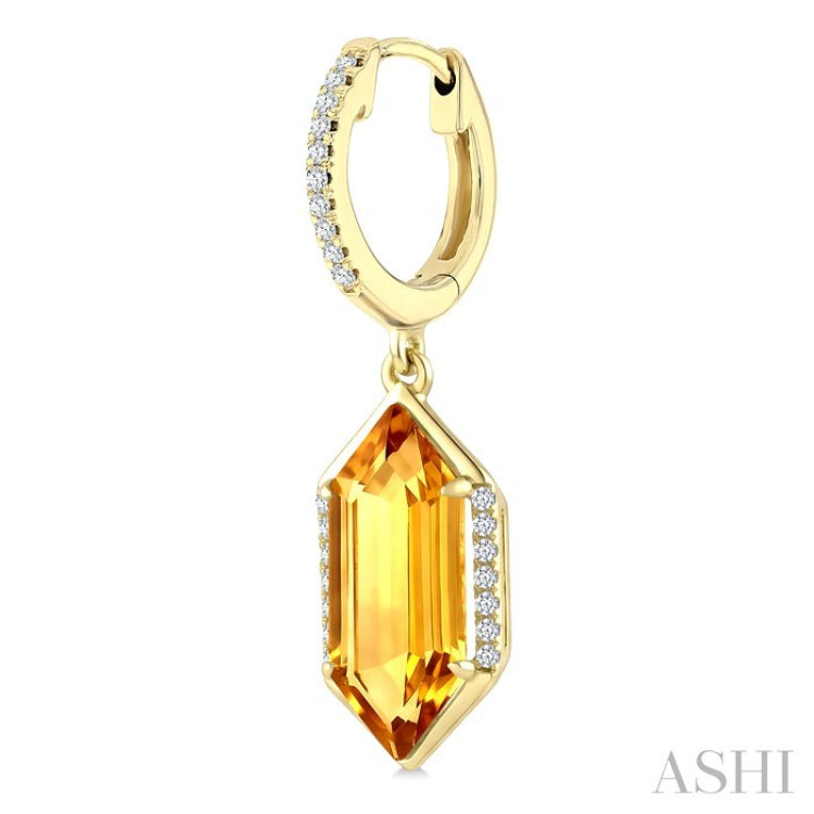 14X6 MM Hexagon Shape Citrine and 1/5 Ctw Round Cut Diamond Semi-Precious Earrings in 14K Yellow Gold