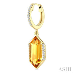 14X6 MM Hexagon Shape Citrine and 1/5 Ctw Round Cut Diamond Semi-Precious Earrings in 14K Yellow Gold