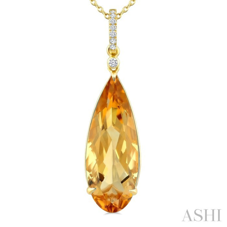 22X8 MM Pear Shape Citrine and 1/20 Ctw Round Cut Diamond Semi-Precious Pendant With Chain in 14K Yellow Gold