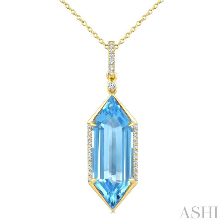 22X8 MM Hexagon Shape Blue Topaz and 1/6 Ctw Round Cut Diamond Semi-Precious Pendant With Chain in 14K Yellow Gold