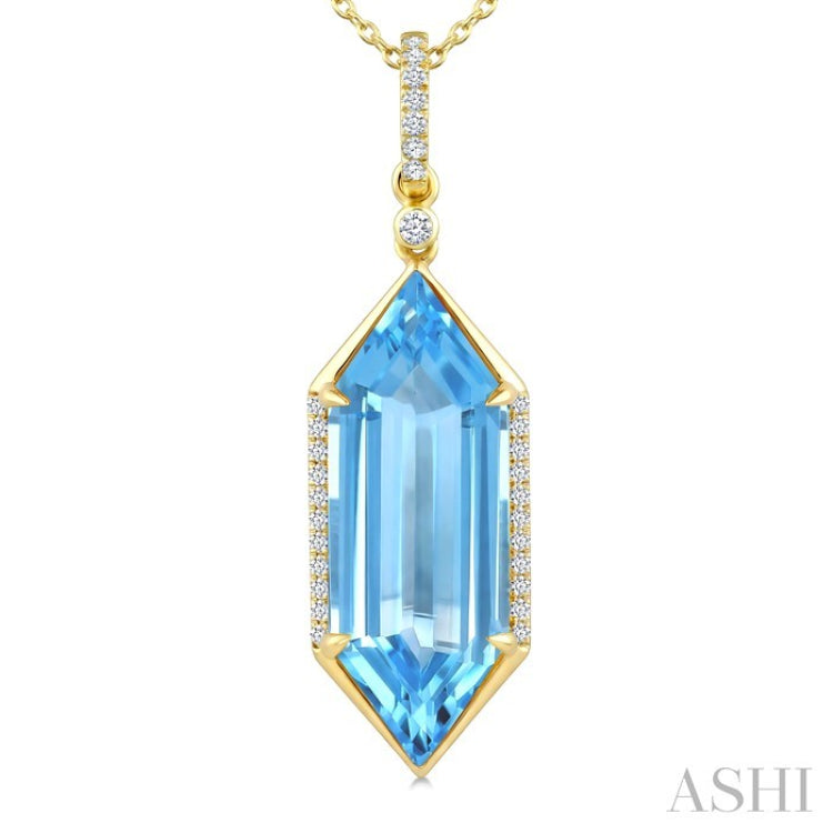 22X8 MM Hexagon Shape Blue Topaz and 1/6 Ctw Round Cut Diamond Semi-Precious Pendant With Chain in 14K Yellow Gold