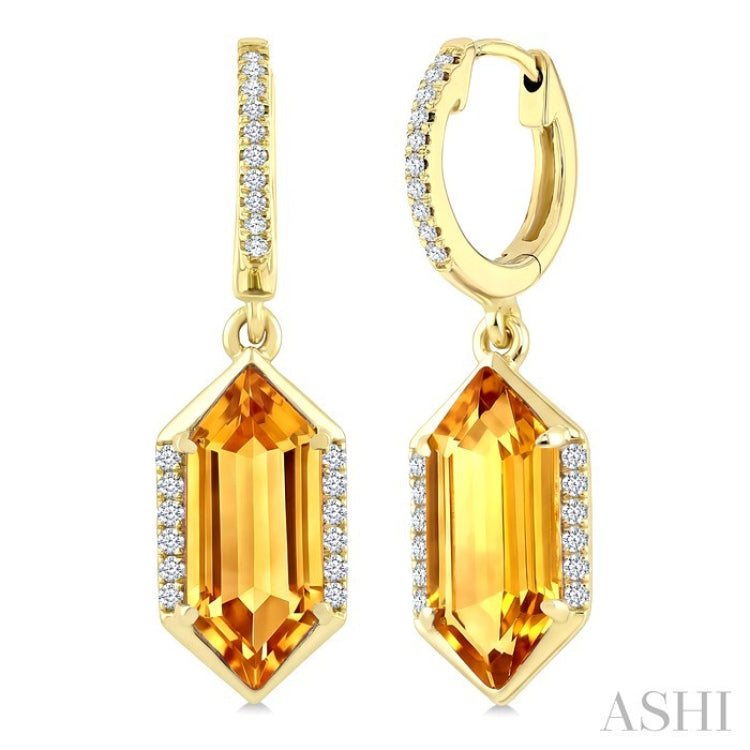 12X5 MM Hexagon Shape Citrine and 1/5 Ctw Round Cut Diamond Semi-Precious Earrings in 10K Yellow Gold