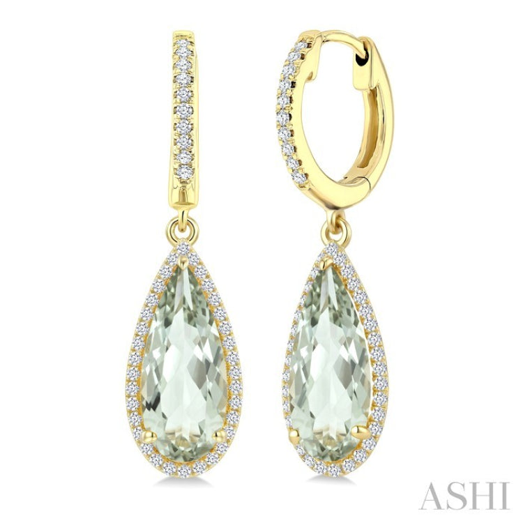 14X6 MM Pear Shape Green Amethyst and 1/3 Ctw Round Cut Diamond Semi-Precious Earrings in 14K Yellow Gold