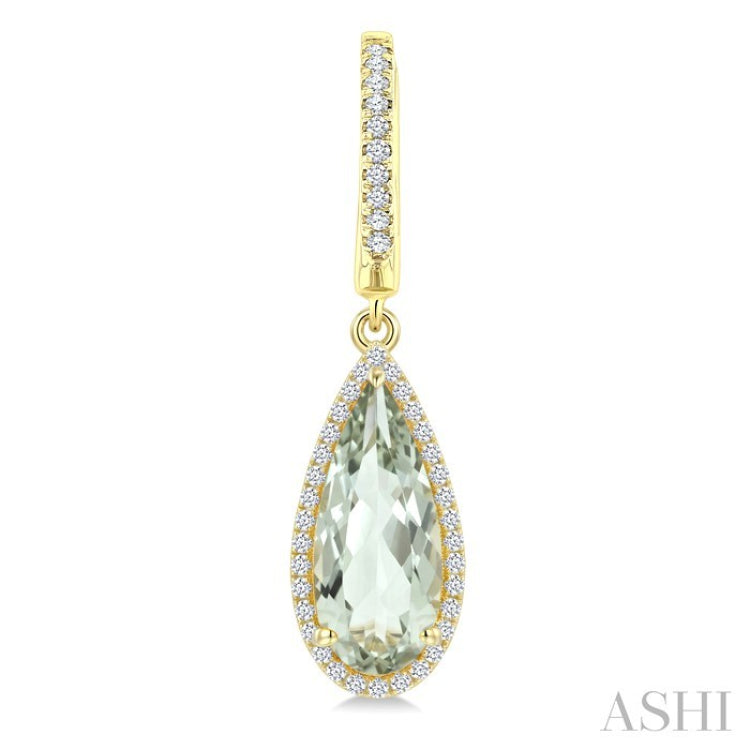 14X6 MM Pear Shape Green Amethyst and 1/3 Ctw Round Cut Diamond Semi-Precious Earrings in 14K Yellow Gold