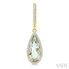 14X6 MM Pear Shape Green Amethyst and 1/3 Ctw Round Cut Diamond Semi-Precious Earrings in 14K Yellow Gold