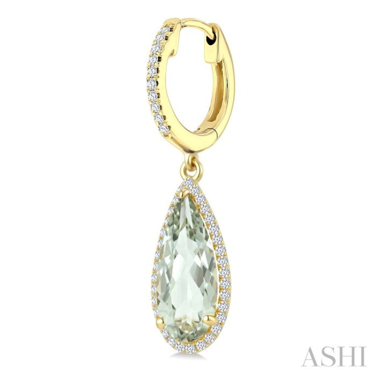 14X6 MM Pear Shape Green Amethyst and 1/3 Ctw Round Cut Diamond Semi-Precious Earrings in 14K Yellow Gold