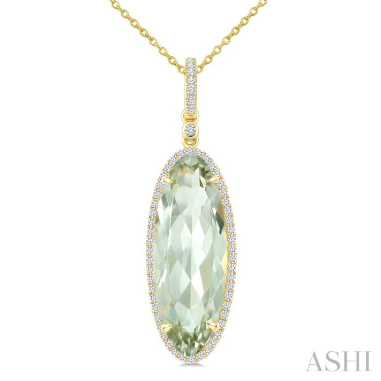 22X8 MM Oval Shape Green Amethyst and 1/4 Ctw Round Cut Diamond Semi-Precious Pendant With Chain in 14K Yellow Gold
