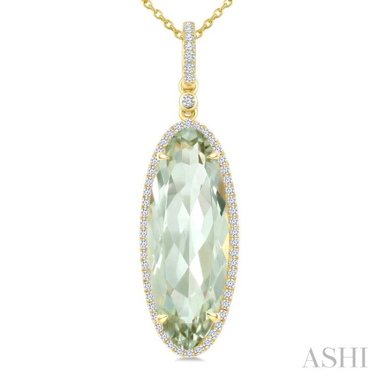 22X8 MM Oval Shape Green Amethyst and 1/4 Ctw Round Cut Diamond Semi-Precious Pendant With Chain in 14K Yellow Gold