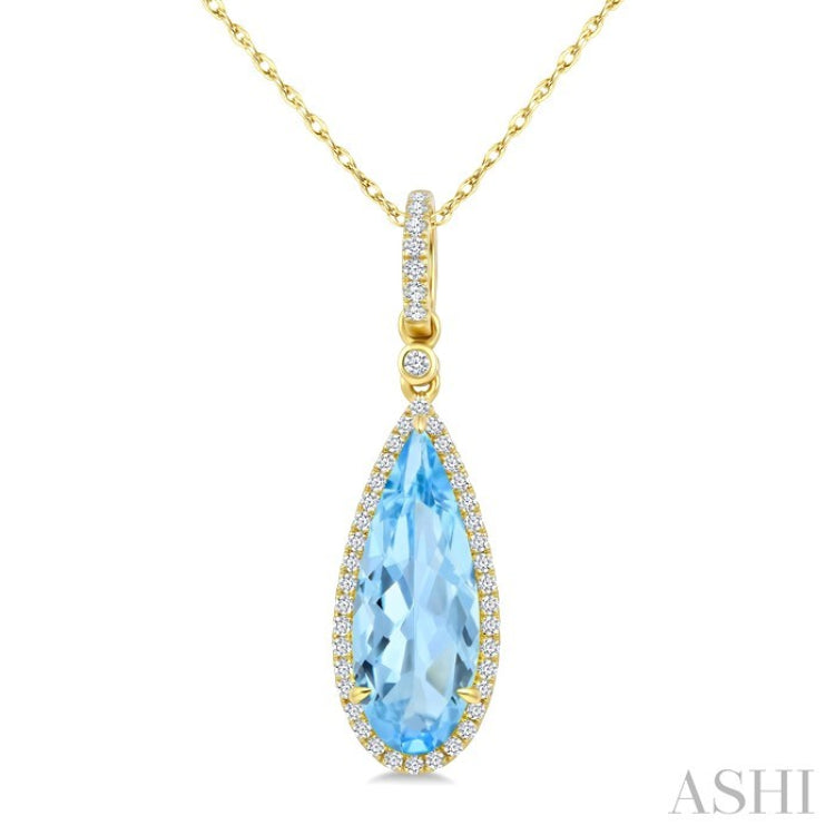 16X6 MM Pear Shape Blue Topaz and 1/5 Ctw Round Cut Diamond Semi-Precious Pendant With Chain in 10K Yellow Gold