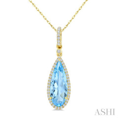 16X6 MM Pear Shape Blue Topaz and 1/5 Ctw Round Cut Diamond Semi-Precious Pendant With Chain in 10K Yellow Gold